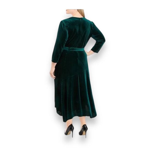 Maison Tara Womens Dress Velvet Pleated Wrap Midi Hunter Green Plus Size 24W - Picture 2 of 14